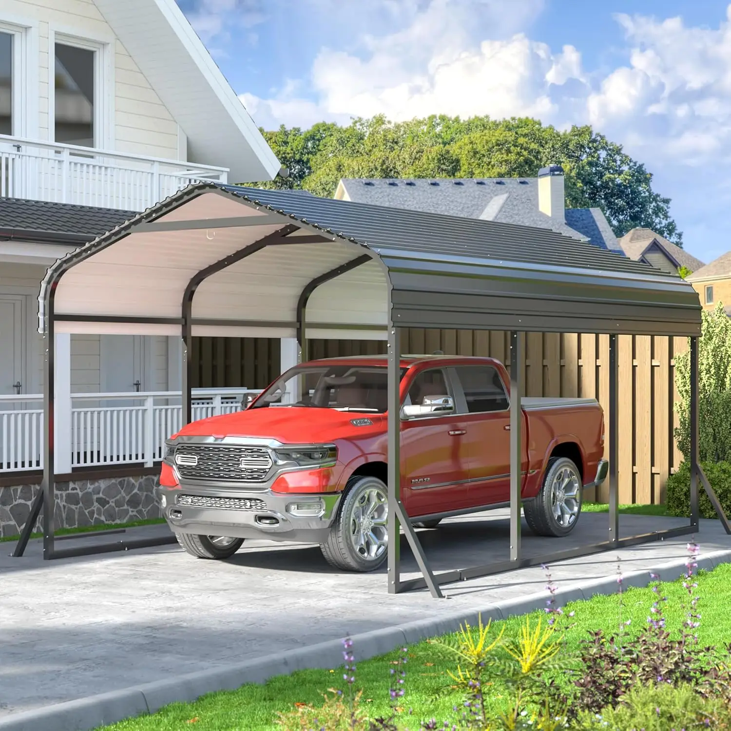 

10x15 FT, Metal Carport with Enhanced Base, Outdoor Heavy Duty Garage Galvanized Car Shelter for Pickup, Car