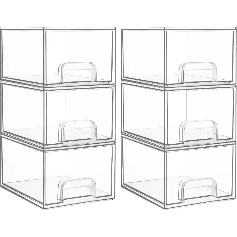 

6 Pack Clear Stackable Storage Drawers, 4.4'' Tall Acrylic Bathroom Makeup Organizer,Plastic Storage Bins For Vanity