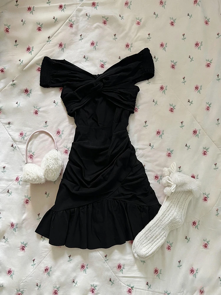 

Original Black Sexy Waist-Cinching Design Summer Dress Women's Cotton Princess Style A-Line Skirt Short Sleeve One-Shoulder D...
