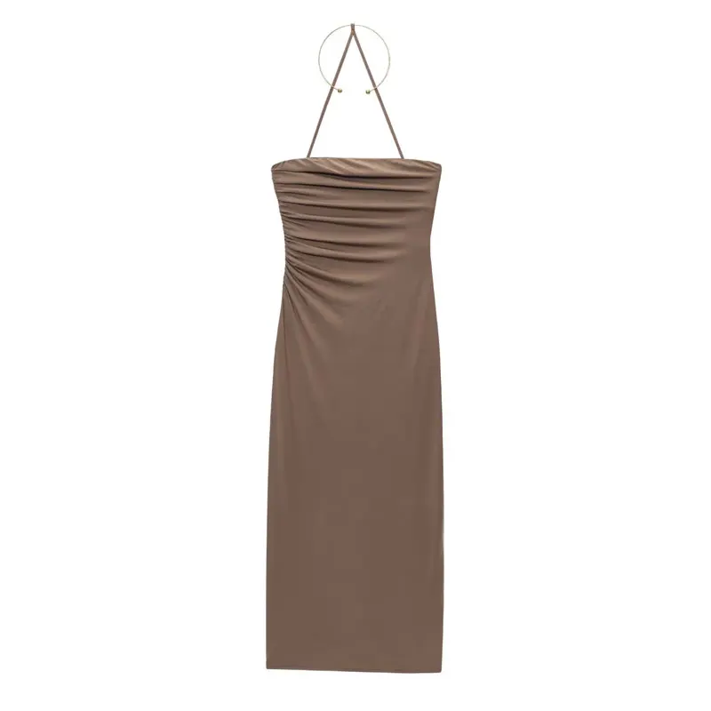 Vestidos tubo feminino cáqui babados halter midi vestido de noite praia espartilho vestido elegante feminino sem alças sem costas fenda vestido