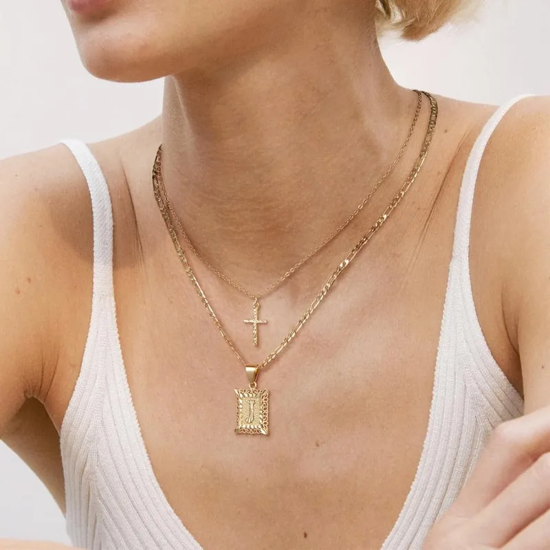 Gold Layered Initial Cross Necklace,14K Gold Plated  Letter Pendant Figaro Chain Cross Choker from A-Z Capital Jewelry for Women