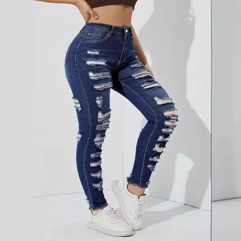 Calças rasgadas de borda áspera para mulheres, jeans de tamanho grande, jeans de cintura alta, lápis elástico