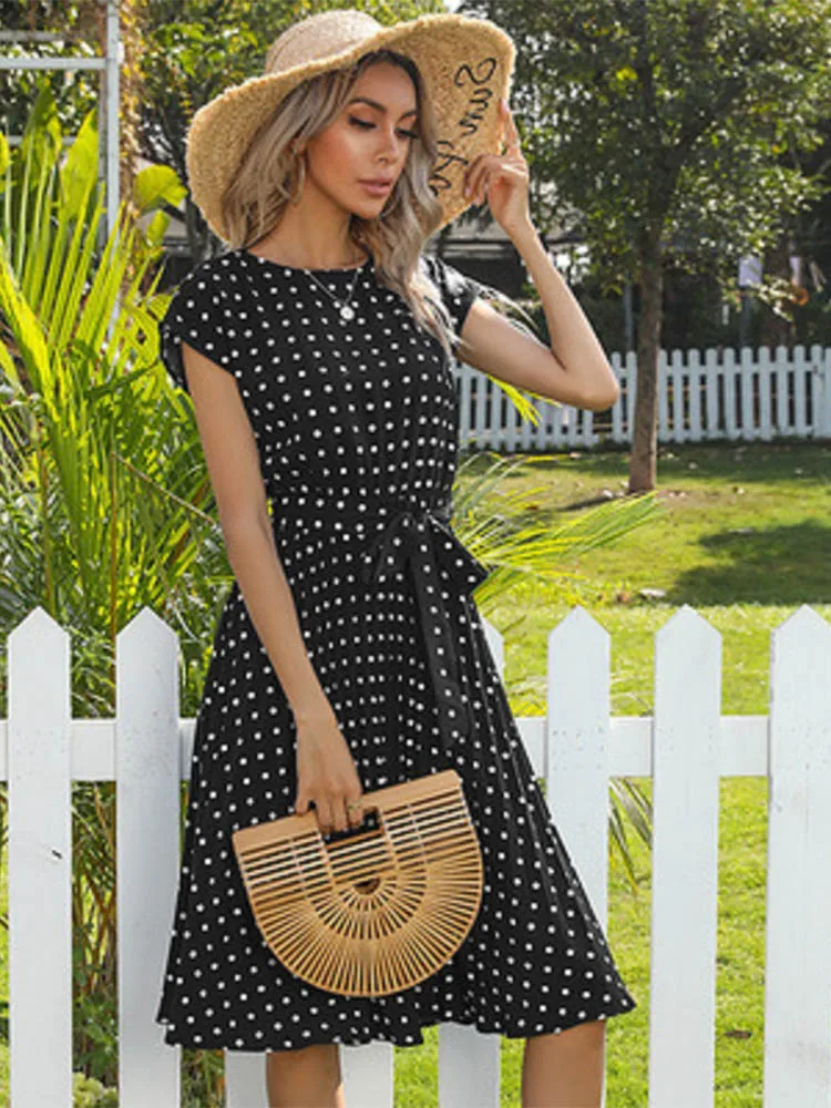 2024 New Summer Polka Dots Sleeveless Pleated Dresses For Women High Waist Midi Elegant Office Green Lady Dinner Party Clothes