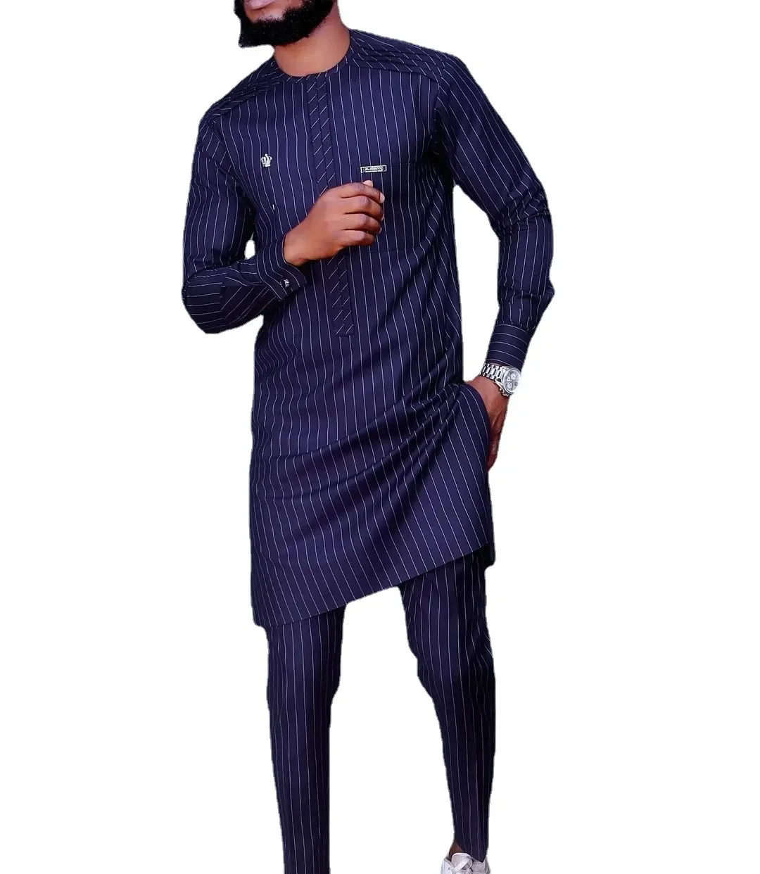 LIBIELIY Four Seasons New Fashion Men's 2 Pieces Sets Afirican Syle Ethinic Casual Solid Navy Clothes And Pants Muslim Men Cloth