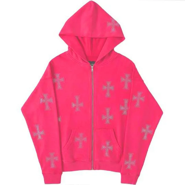 Autumn and winter new 2023 loose top cross rhinestone pattern zipper hooded sweater