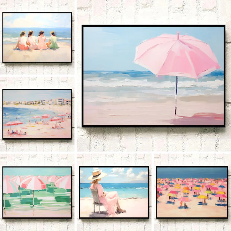 Abstract Retro Coastal Cowgirl Summer Pink Beach Umbrella Sea Poster Canvas Painting Wall Art Pictures Preppy Home Decor