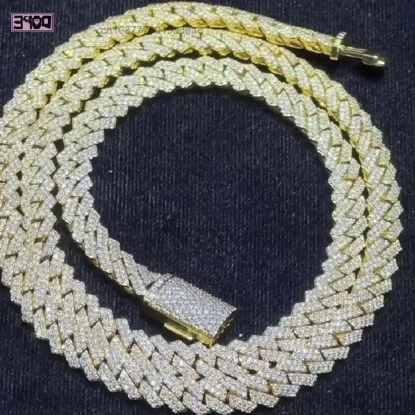 

Factory Cuban Chain 12mm 2 Rows Stunning Iced Out Men 925 Silver Gold Plated Hiphop VVS Moissanite Cuban Link Chain