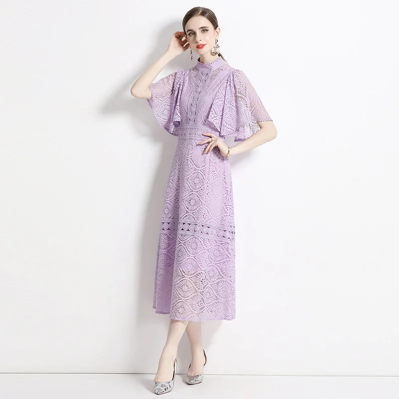 

2023 New Fashion Lace Dress Women's Summer Versatile Stand up Neck Short Sleeve Loose Fit Casual Holiday Dress Vestidos