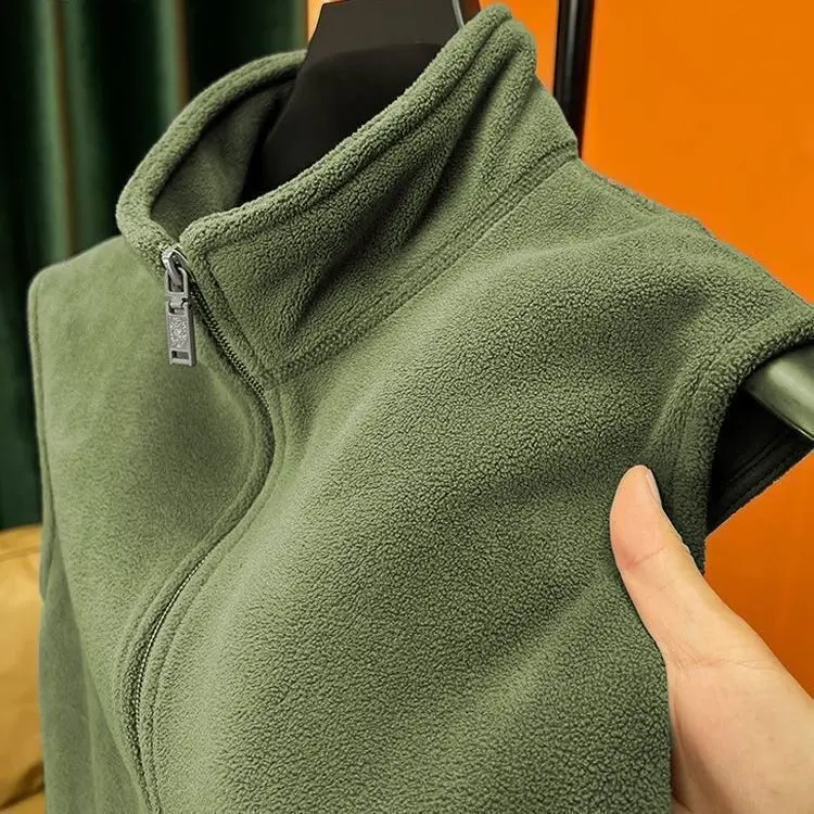 Men's Loose Fit Double-sided Fleece Zip-Up Hoodie Vest Warmth Youth Fashion Autumn Winter  Color Stand Collar Sports Jacket