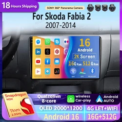 Android 16 Carplay Auto 2K Screen Car Radio Multimedia Player For Skoda Fabia 2 2007-2014 DSP 2din Autoradio Stereo Head Unit