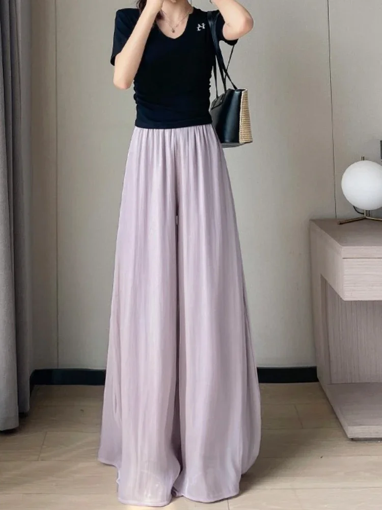 กางเกงขายาวทรงตรงเอวสูงผ้าบางเบาใส่สบายสำหรับผู้หญิงช่วงฤดูร้อน