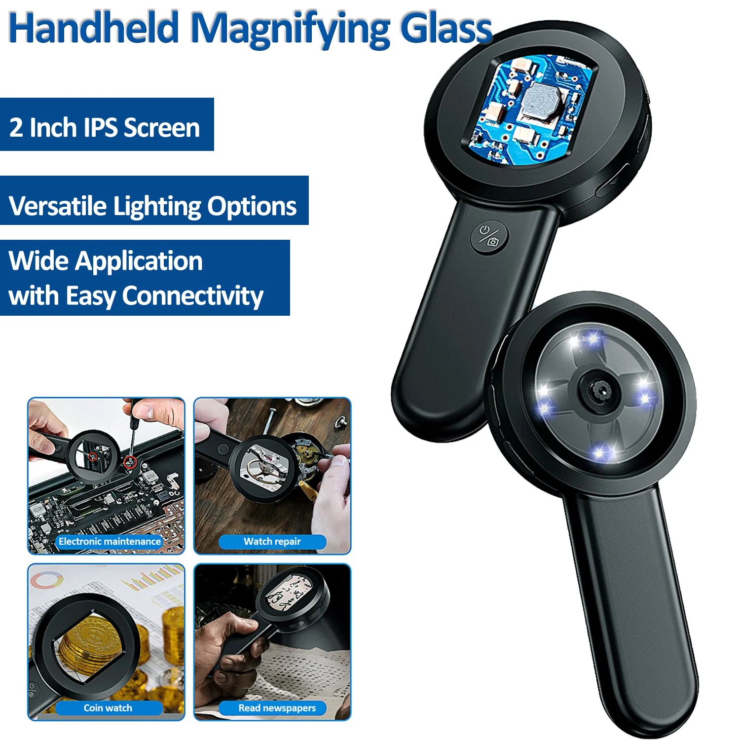 

Handheld Magnifying Glass High Definition Magnifier 2 Inch IPS Screen Rechargeable Portable Microscope for Reading Inspection