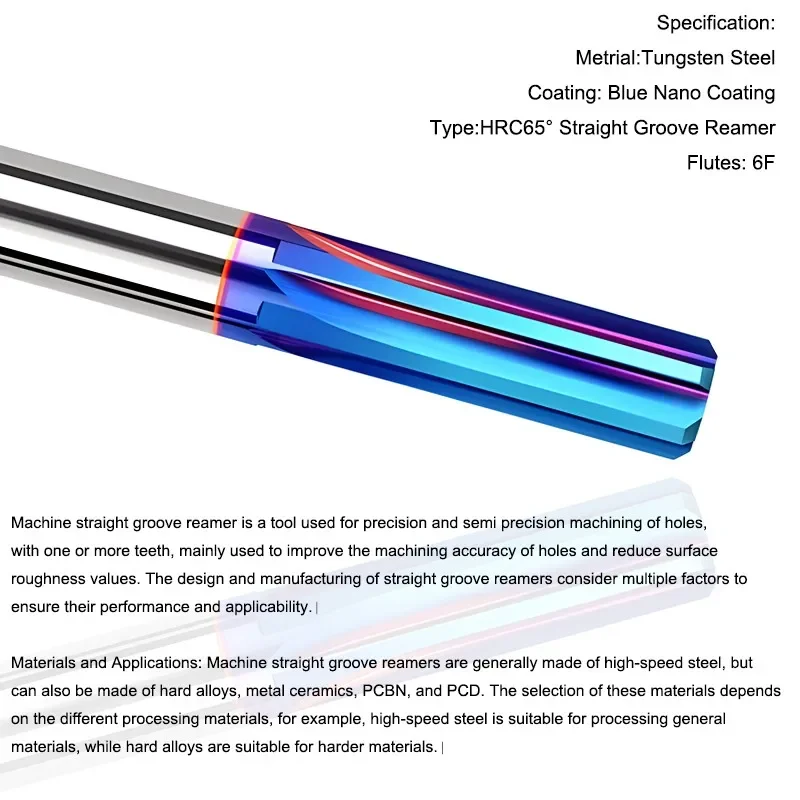 Straight Shank H7 High-Precision Reamer Tools HRC65 3.0mm-20.0mm Tungsten Steel Machine Reamer Carbide Blue Nano Coating