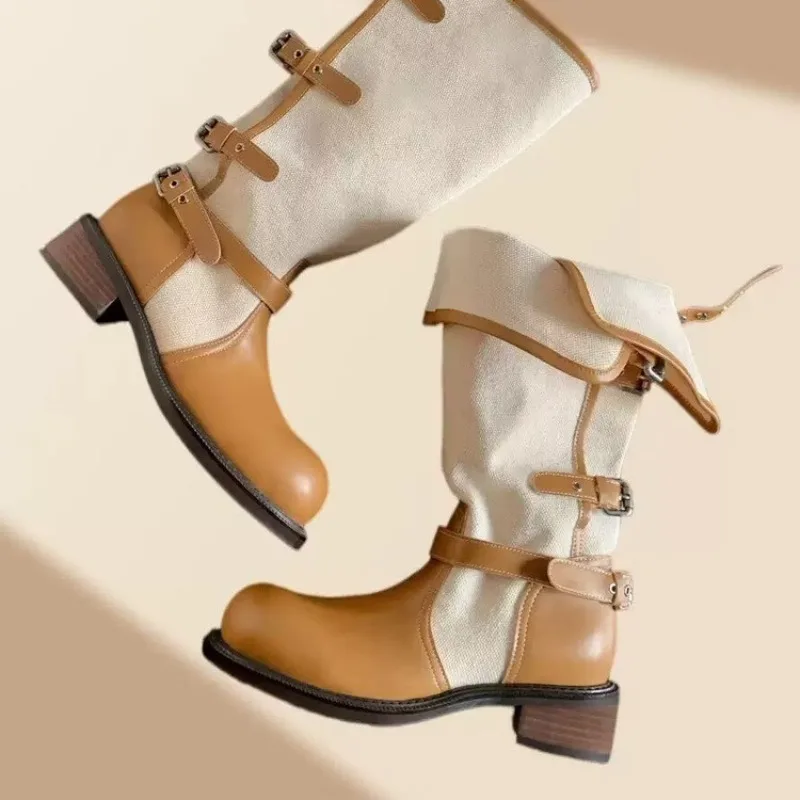Vintage Spliced Block Heel Shoes Women's 2026 New Summer Platform Small Man Longtube Knight Boots view 4