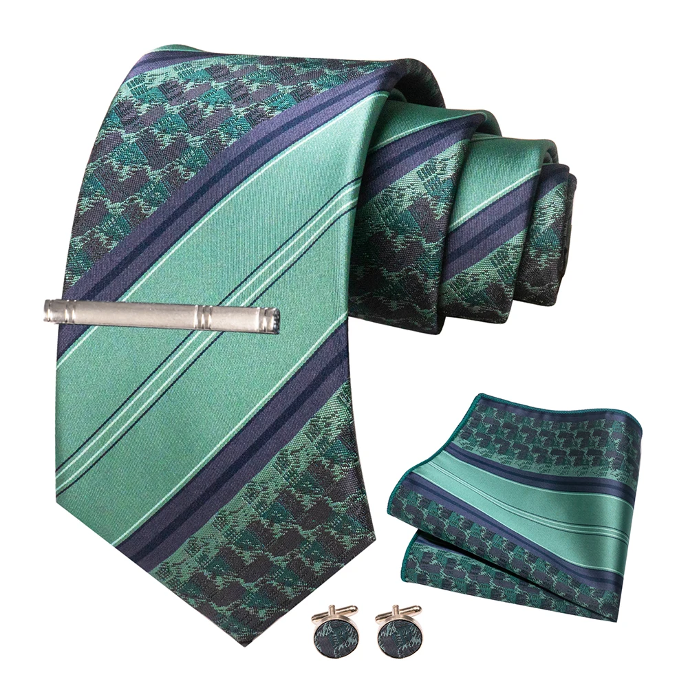 JEMYGINS Herren-Krawatte, grün, gestreift, Paisley-Krawatte für Hochzeiten, für Herren, Krawatte, Einstecktuch, Manschettenknöpfe, Set, Party, Business, Modedesigner – Detail 14