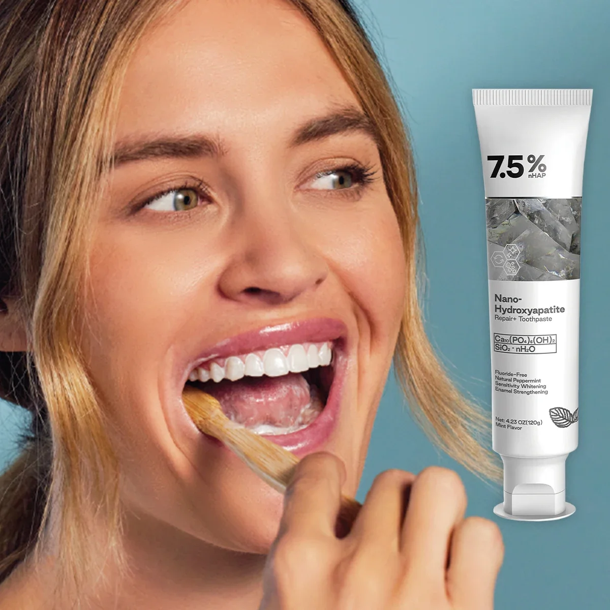 7.5% Fluoride-free toothpaste with nanohydroxyapatite provides advanced care, whitening and tooth removal, removing stains.