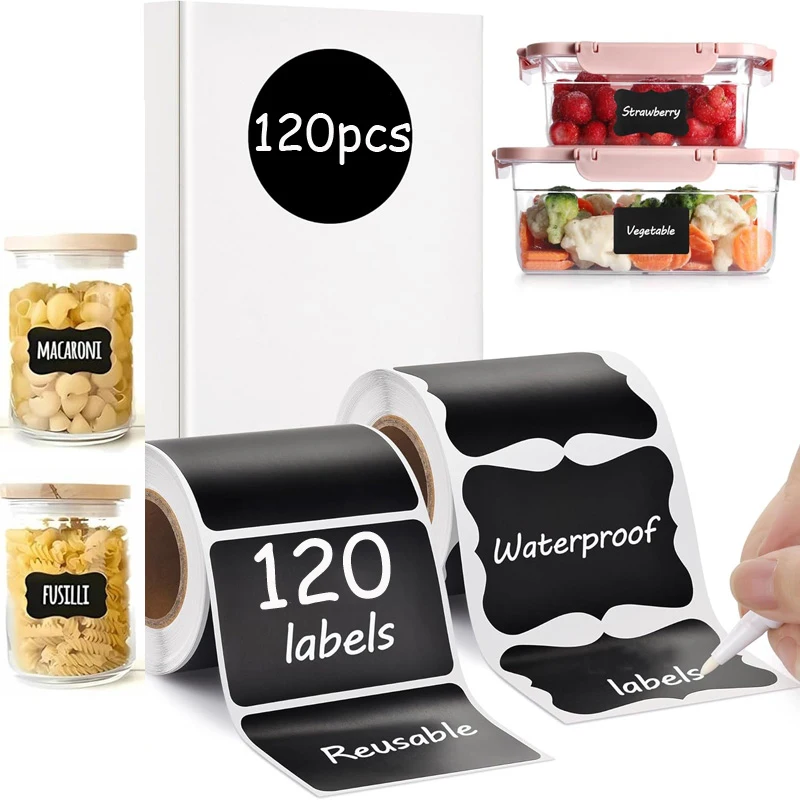 120 Stück Tafelaufkleber mit weißen Stiften, Marker, wasserfest, für Tafel, Küche, Gewürze, Etikettenaufkleber, Zuhause, Gläser, Flaschen, Etiketten