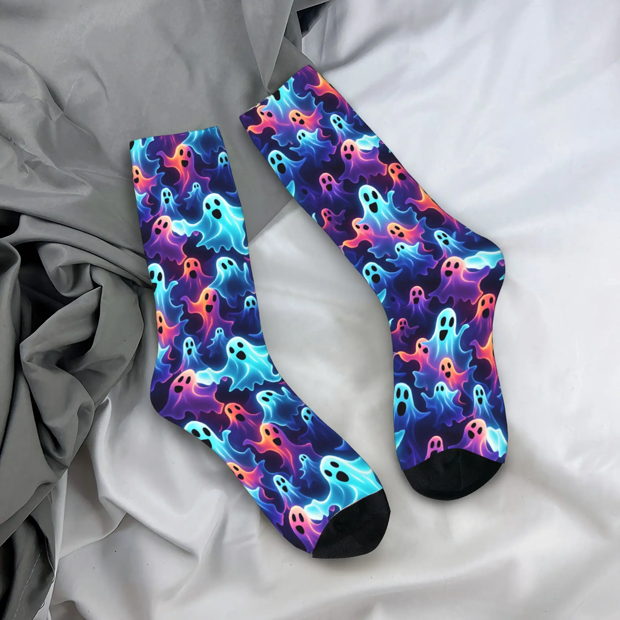 Neon Gradient Ghost Halloween Seamless Pattern Dark Purple Socks  Retro Stockings Winter Anti-Slip Men Socks Quality  Socks