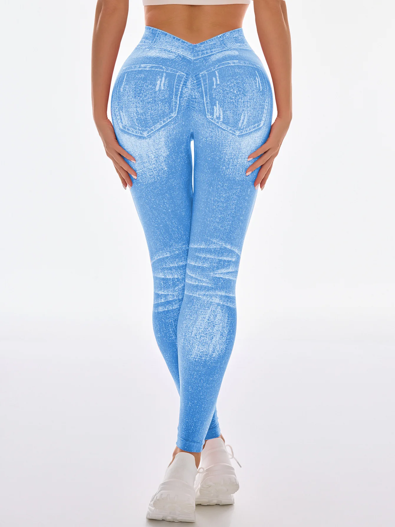 Damen Gym Bedruckte Yoga-Leggings Nahtlose Hochtaillierte Denim-ähnliche Perforierte Hosen mit Fake-Taschen Yoga Fitness Leggings – Detail 10