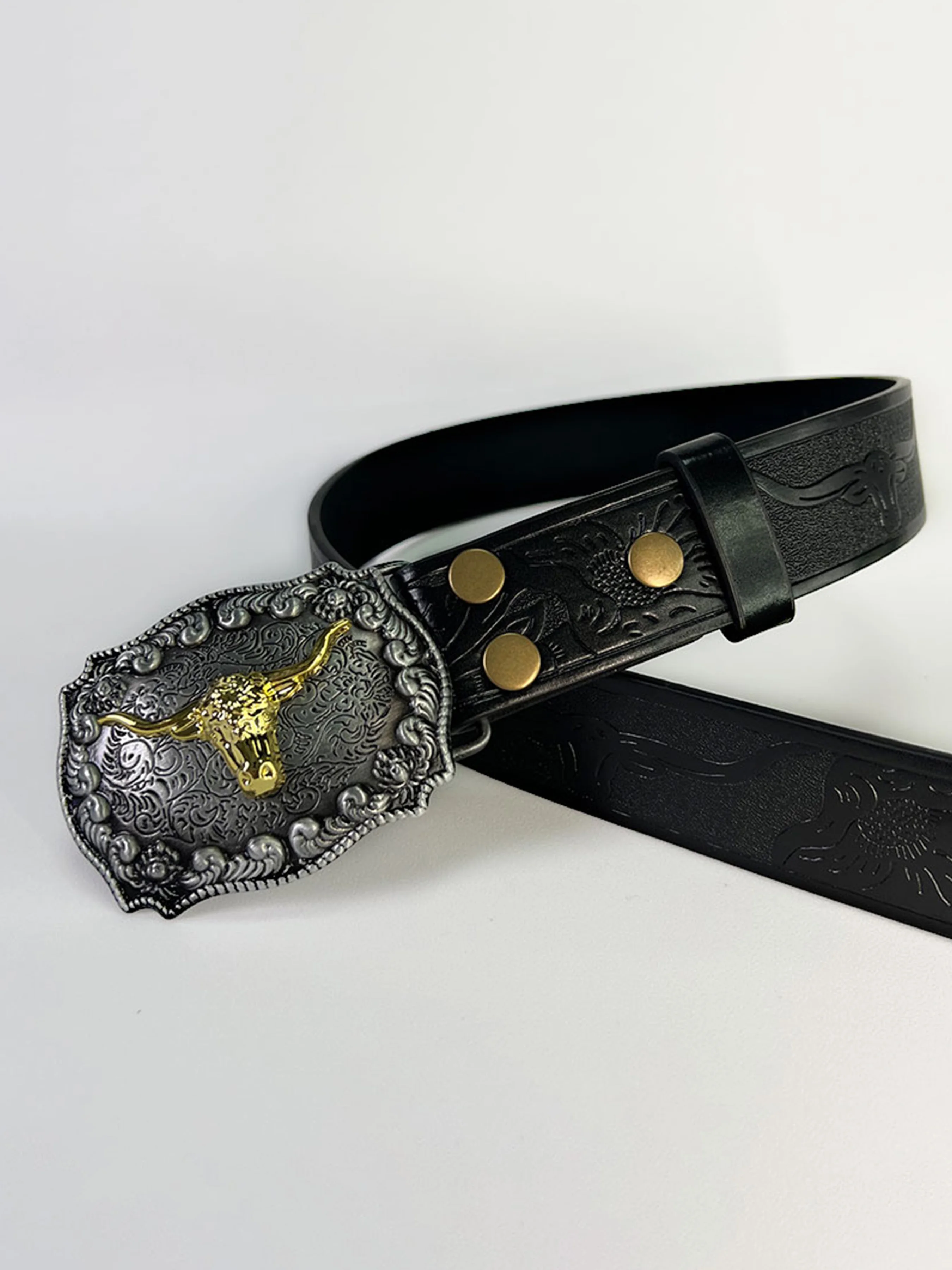 حزام جلد عالي الجودة 3.8 سنتيمتر للرجال حزام جينز أنيق مع مشبك معدني على شكل رأس الثور العتيق للرجال #5