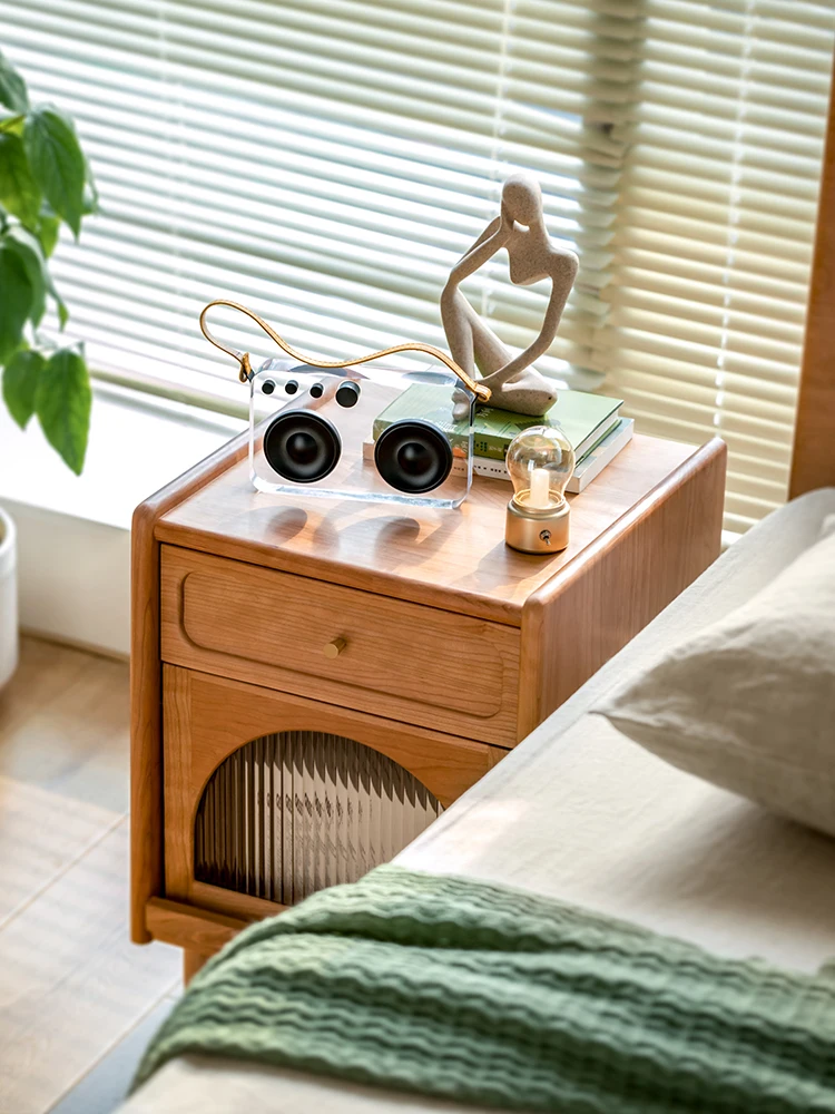 Solid wood bedside table Small apartment Japanese-style cherry wood log Simple bedroom Storage storage cabinet Side cabinet