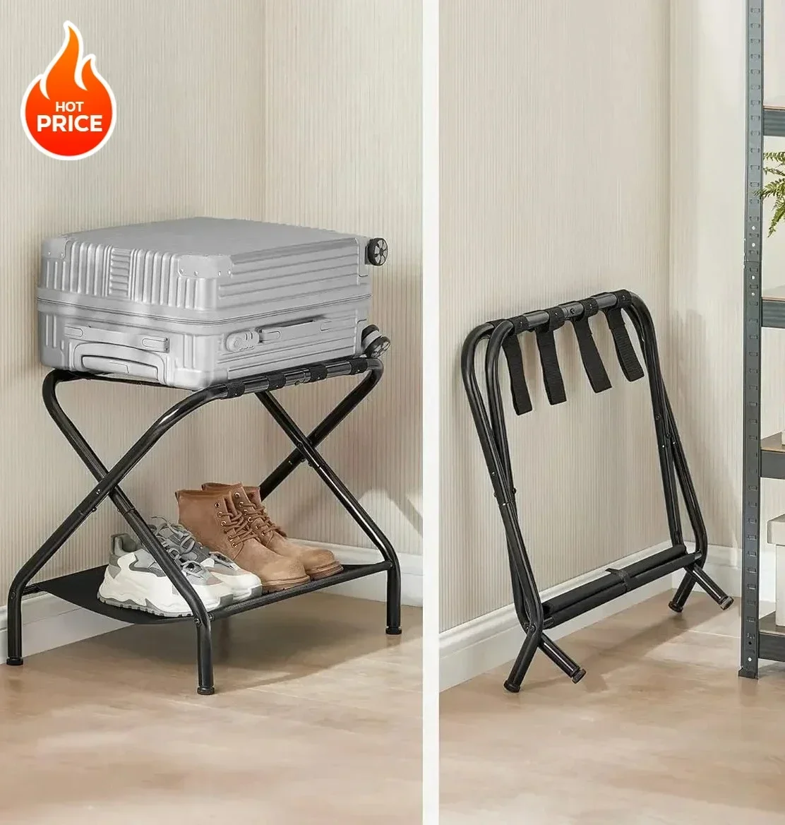 [XMSJ] رفوف الأمتعة، مجموعة من 2، حامل حقيبة مع رف تخزين من القماش، لغرفة الضيوف، غرفة النوم، الفندق، إطار فولاذي قابل للطي