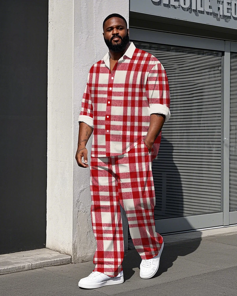 

S-9XL Big and Tall Men Red Plaid 2-Piece Long Sleeve Shirt & Pants Casual Streetwear Set