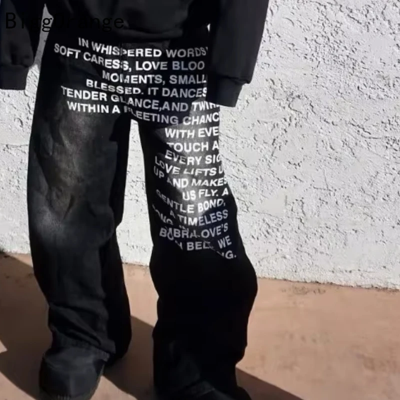 2025 الجينز الموضة الأمريكية إلكتروني الطباعة نمط شارع العليا عادية واسعة الساقين Y2K الرجال الرجعية القوطية العصرية سراويل تقليدية