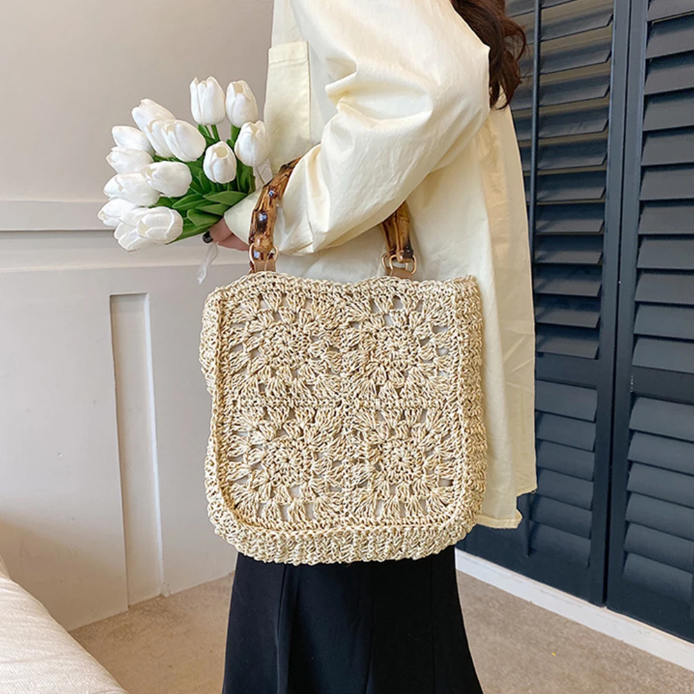 Hollow Crochet Beach Bags for Women Bamboo Handle Women\'s Handbags Paper Rope Knitting Clutch Bohemian Travel Tote Square Purse