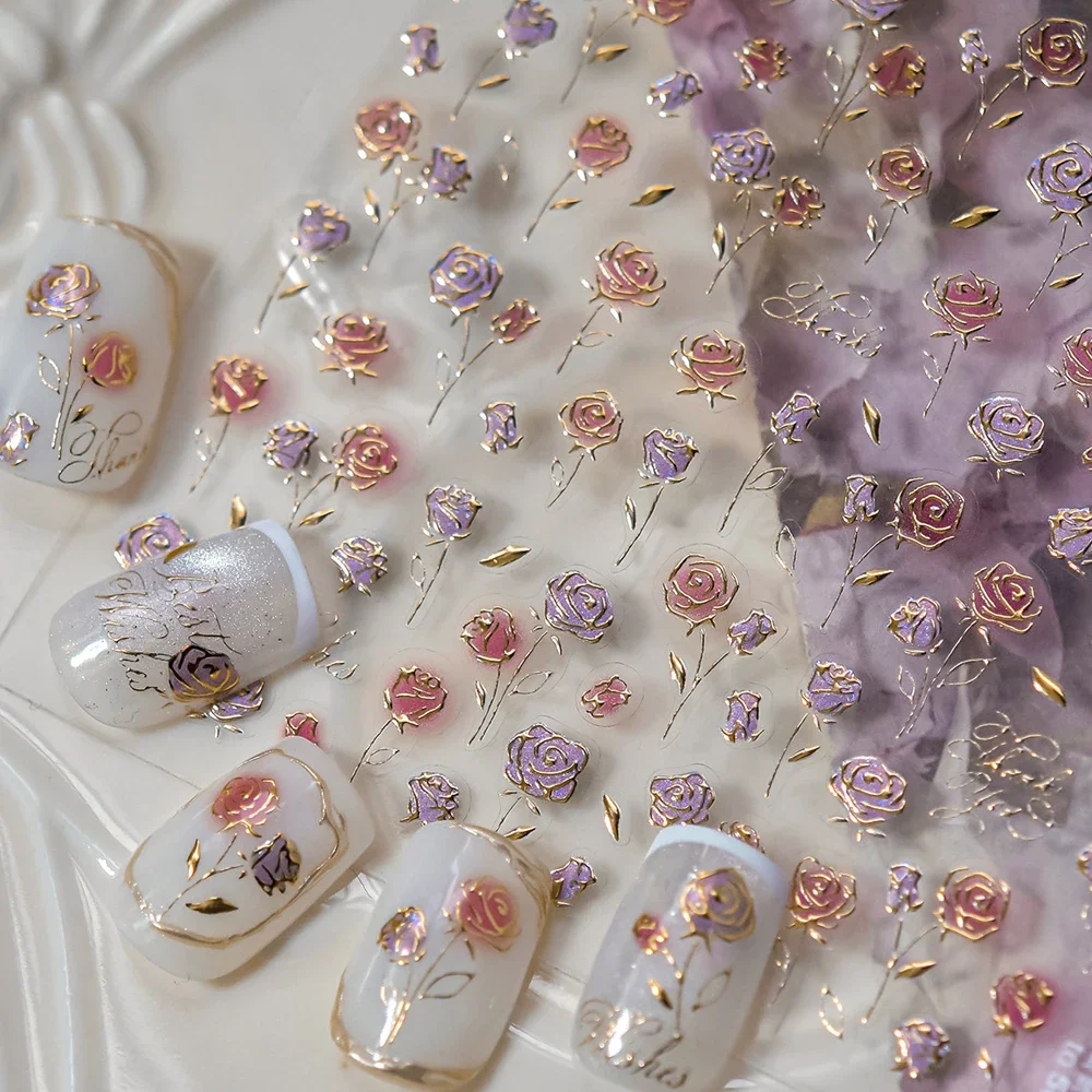 Encantadora flor rosa 5D pegatinas para decoración de uñas estilo acuarela colorido romántico jardín autoadhesivo decoración manicura calcomanía DIY