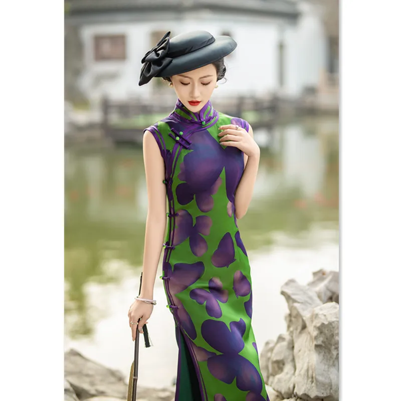 Improved New Chinese Style Long Sleeveless Cheongsam Qi Pao Spring Summer Retro National Middle-Aged Elderly Watch Show