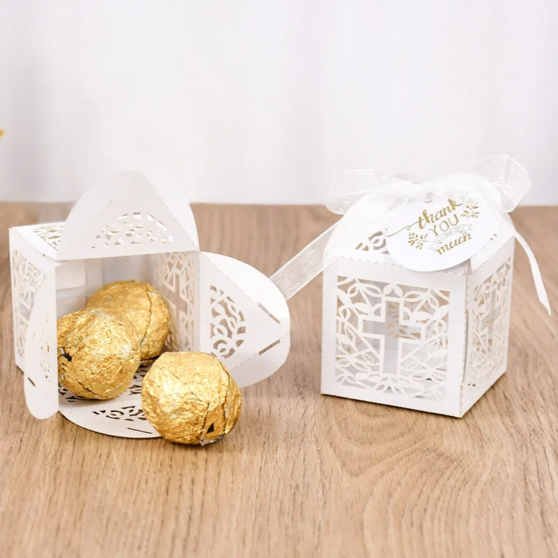 10 Stück Spitzen-Kreuz-Süßigkeitenboxen, Schokoladenverpackungsbox mit Band, Engel-Geschenkbox für Babyparty, Geburtstag, Hochzeit, Taufe, Dekorationen