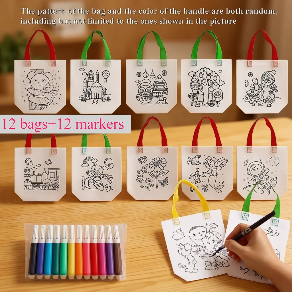 24 peças (12 Sacolas + 12 Marcadores), Kit DIY de Grafite com Marcadores Coloridos, Sacolas Reutilizáveis para Presentes de Festa com Tema Animal, Acessórios de Armazenamento