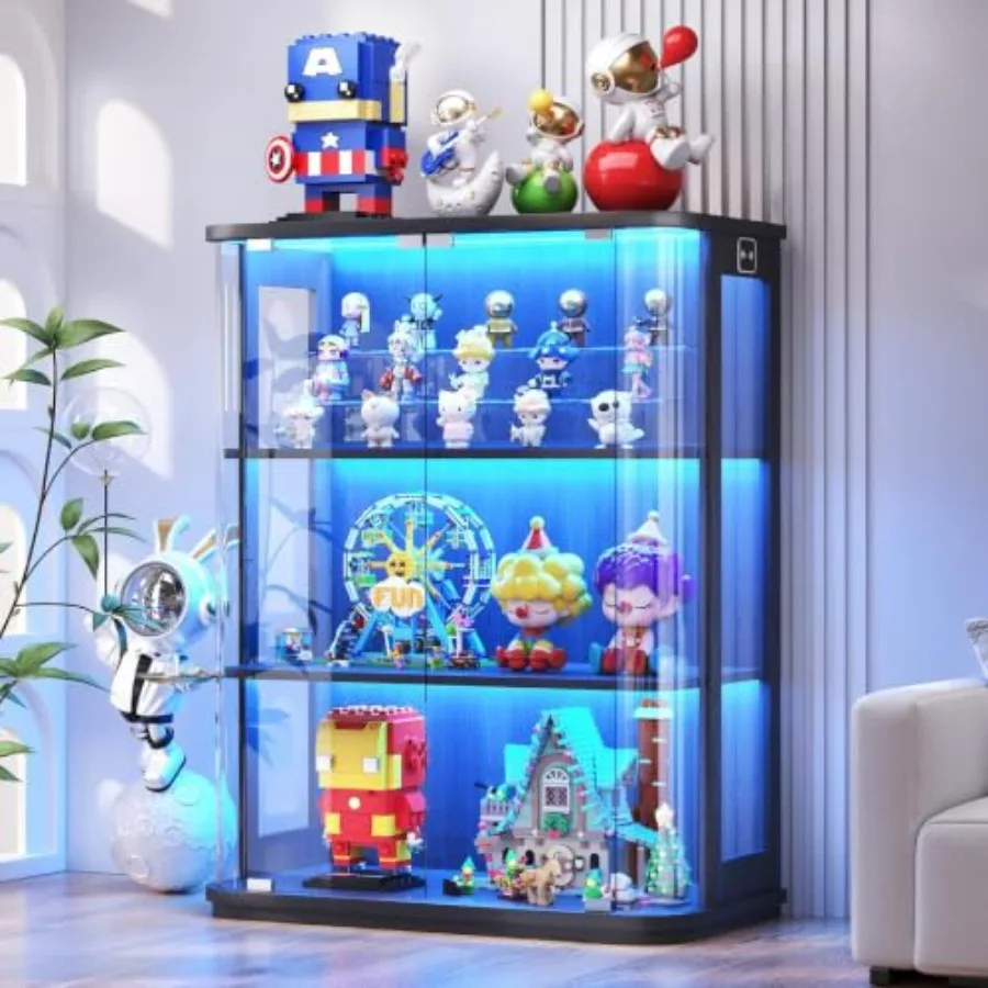 3-Tier Rounded Display Cabinet with Lights Human Body Sensor for living room, acrylic, white, energy-saving smart lighting