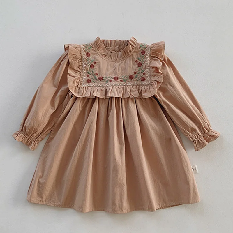 2024 New Spring 2-7Yrs Baby Girls Princess Dress Long Sleeved Cotton Flower Embroidery Sisters Clothes Kids Party Dresses