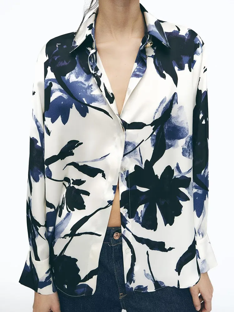 

Spring New Women's Comfortable All-Match Long Sve Printed Silk Satin Feel irt Flip Collar Commute Sle Regular Length