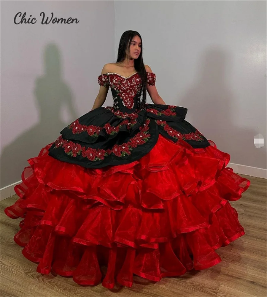 Vintage Mexican Charro Quinceanera Dresses Black And Red Organza Ruffles Flowers Beaded Puffy Vestidos De 15 Años Xv Customized