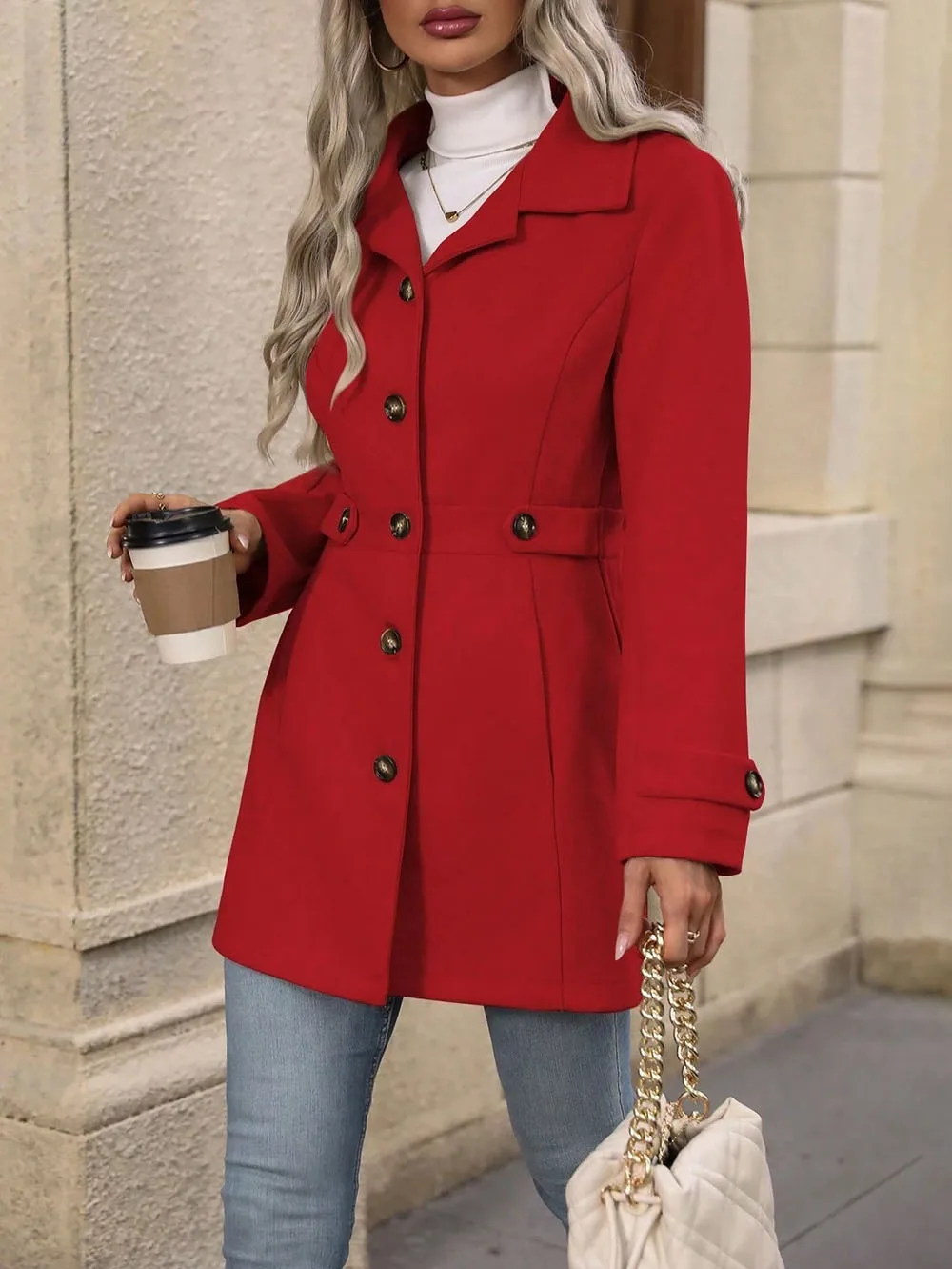 Autumn Winter New Mid-Length Elegant Woolen Coat Button Stand Collar Slim Fit Tweed Durable Fashionable Outerwear