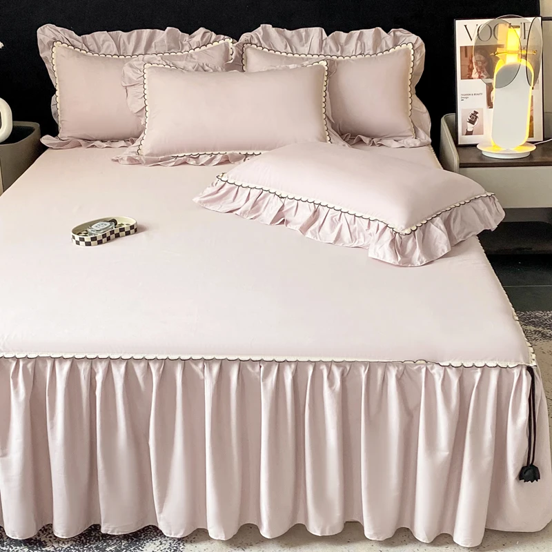 Falda de cama de algodón puro de 1 pieza, cubrecama de color liso con encaje, ropa de cama, tamaño Twin/Queen/King, sin funda de almohada