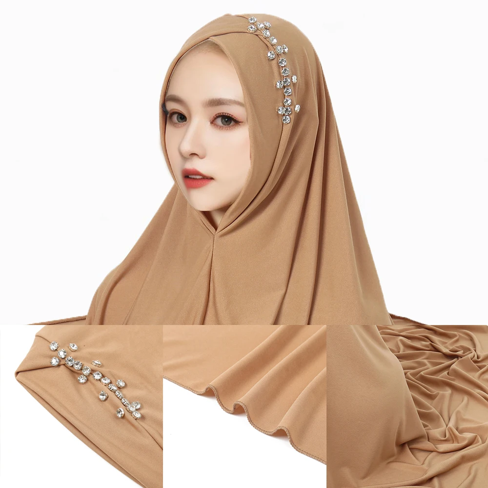 RIMAIRE Knitted Muslim Pure Color Hijab with Diamond Decoration 170*70cm Big Size Hijabs for Women Elastic and Comfortable Scarf