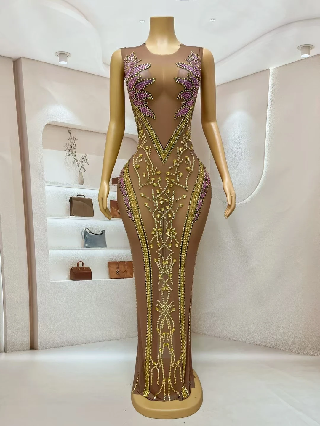 Elegant Sexy See Through Mesh Long Dress Birthday Celebrate Sleeveless Gown Cocktail Party High-end Crystals Evening Dress Hehua