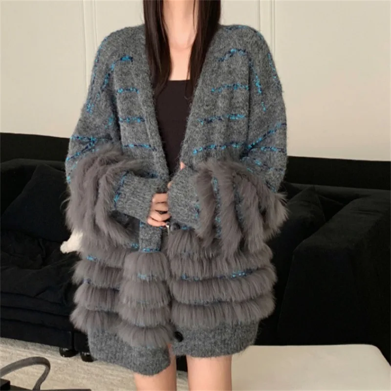 

Пушистые винтажные пальто большого размера с v-образным вырезом, элегантный вязаный кардиган для отдыха для женщин, модный осенне-зимний вязаный кардиган