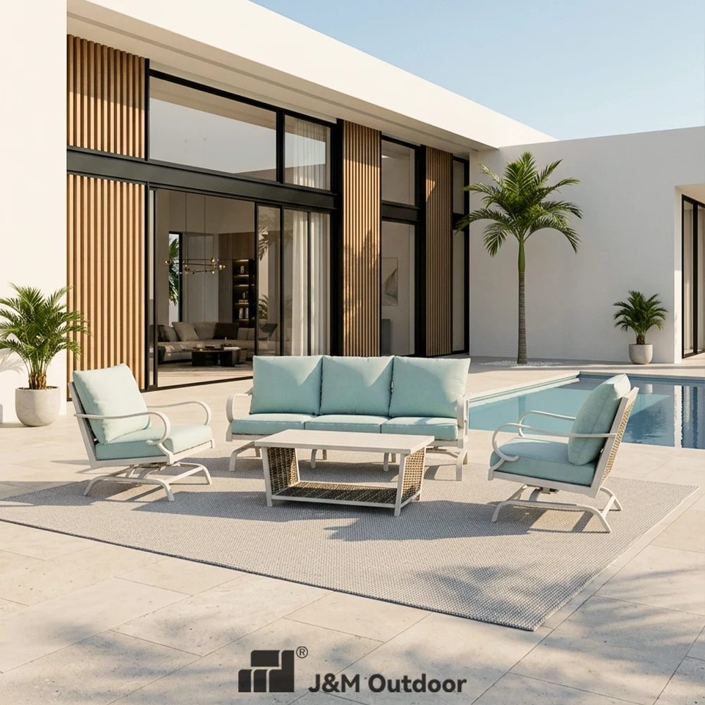 Coofull Outdoor Stock All Weather Aluminum Frame Garden Sofa Set with Soft Cushions and Mesh Storage Coffee Table Seating Furnit