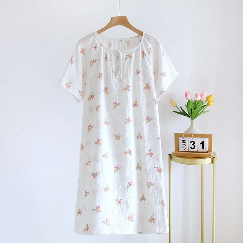 

Women's 100% Cotton Gauze Sleep Dress - Breathable Summer Nightgown with Round Neck & Short Sleeves