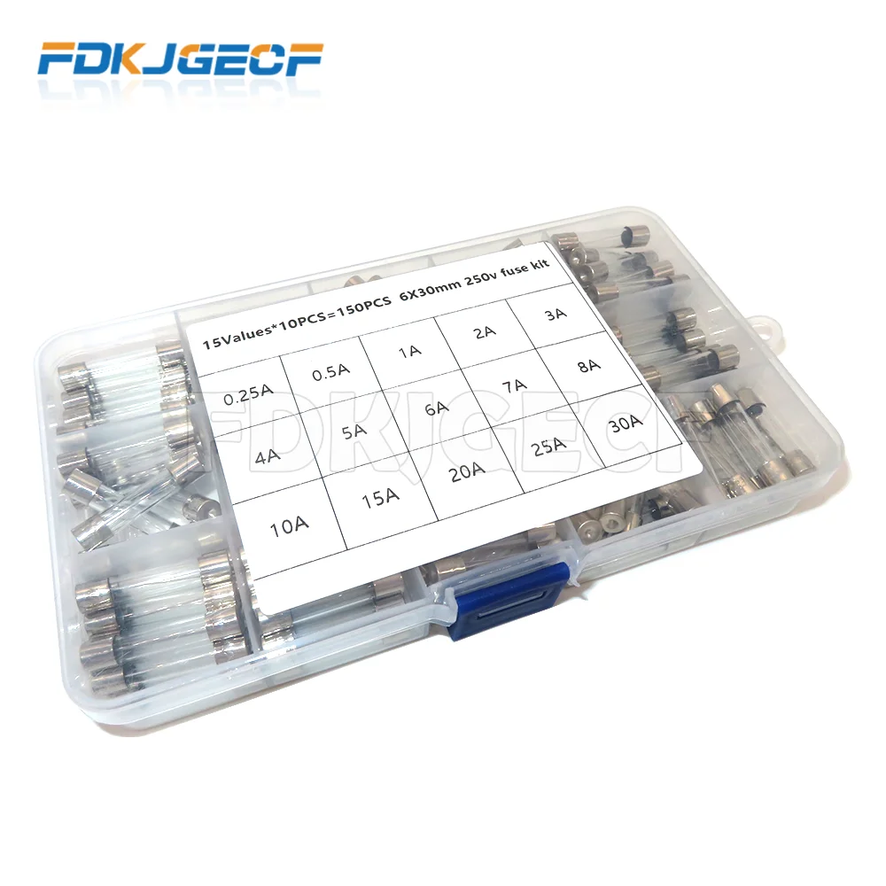 15Kinds 150pcs 6*30 Fast-blow Glass Tube Fuses Car Glass Tube Fuses Assorted Kit 6X30 with Box fusiveis 0.1A-30A Household Fuses