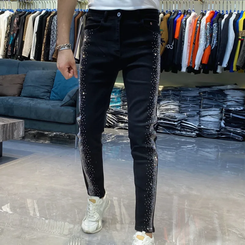 2023 otoño negro caliente diamante delgado pies pequeños Jean versión coreana Slim Tide marca pantalón hombres tendencia industria pesada Vaqueros Hombre