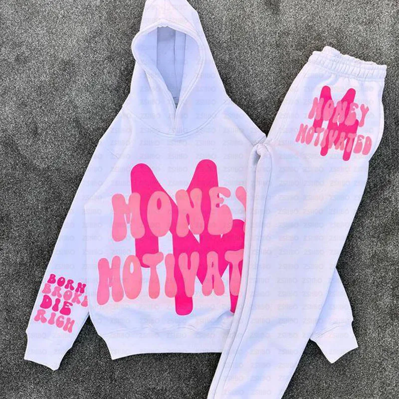 Aesthetic Fashion White Hoodie Y2K Women's Hooded Sweatshirt Top Harajuku Pink Print Long Sleeved Jacket Men Pullover Sweatpants