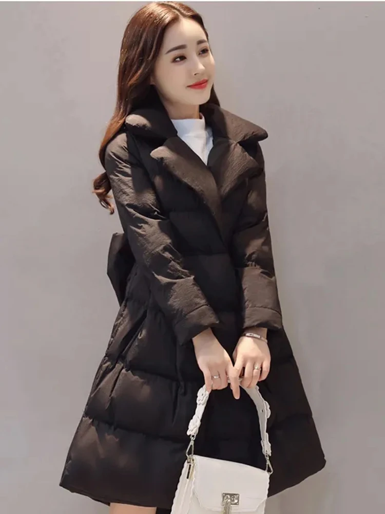 Warm Winter Thick Bow Cloak Long Parka Chaqueta Turndown Collar Parca Overcoat Jacket Elegant Snow Wear Coats Chamarras