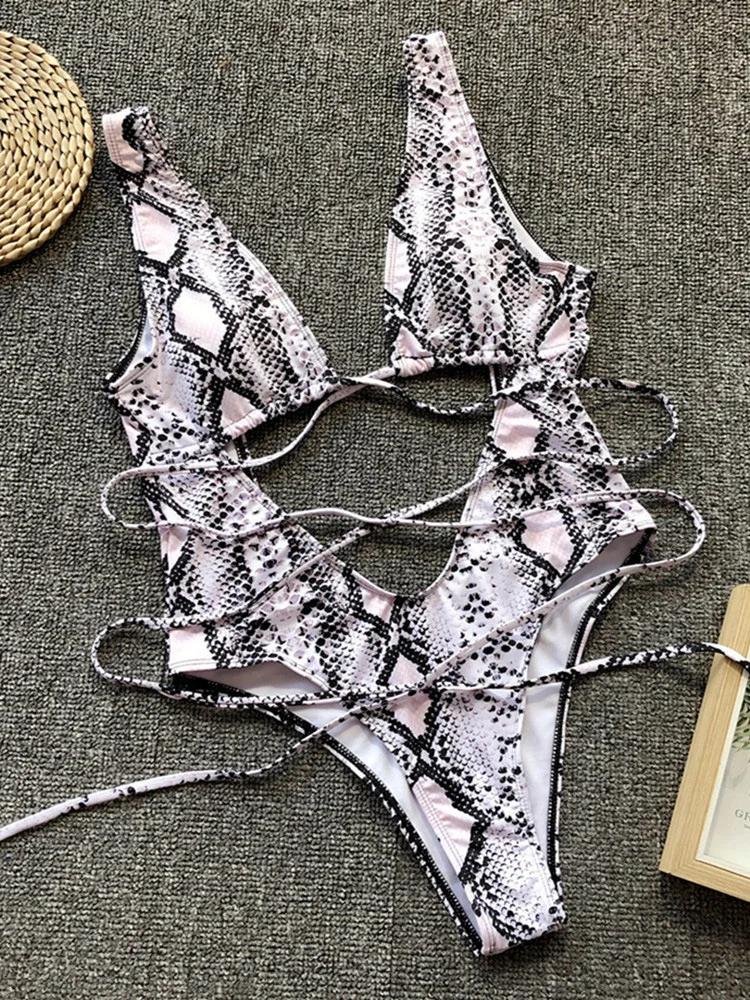 Bikinis de una pieza con estampado de serpiente para mujer, traje de baño Sexy de color gris y verde, bañador de vendaje ahuecado, traje de baño de verano