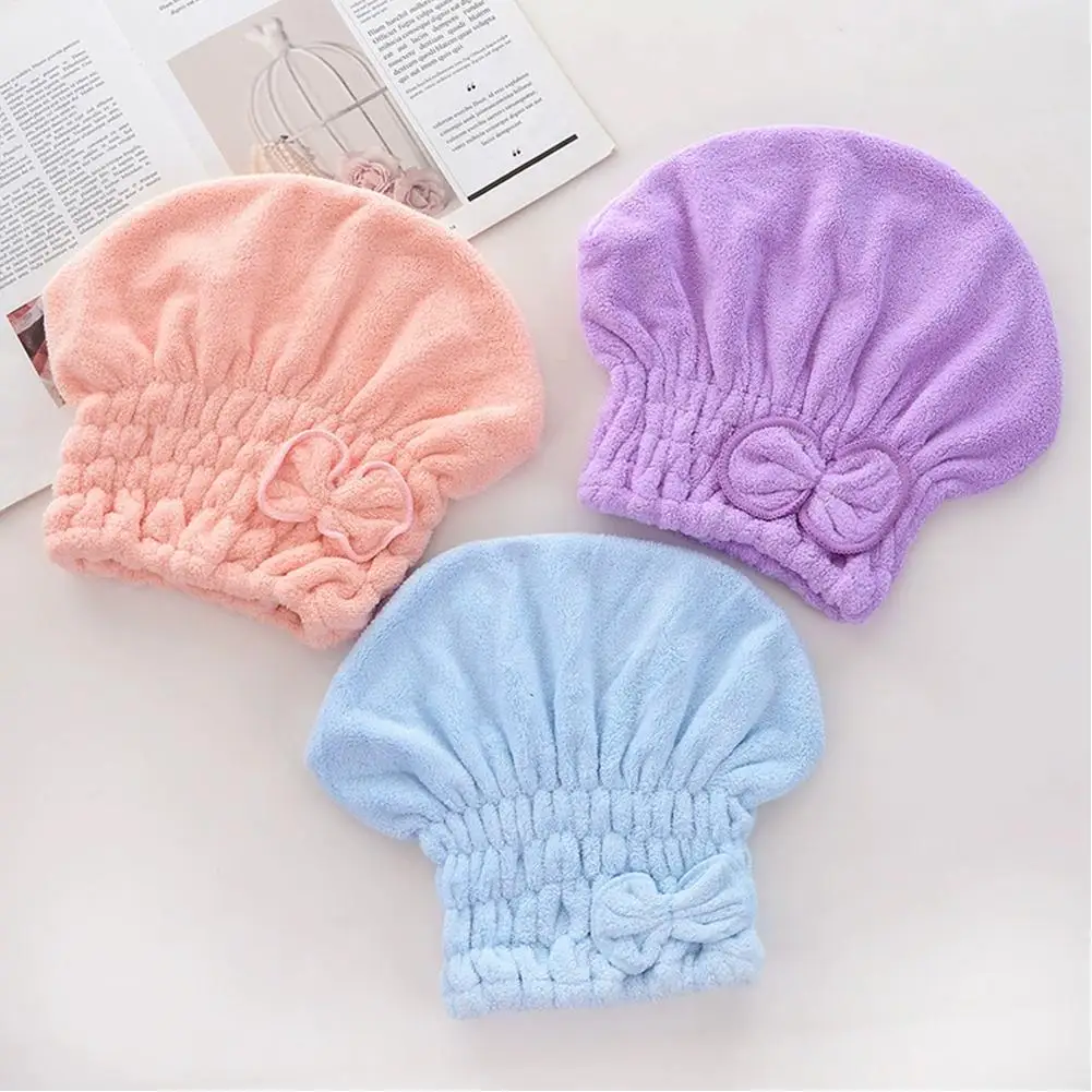 Coral Velvet Hair Drying Cap with Bow Decor Super Absorbent Quick Dry Hair Towel Wrap for Women Kids Shower Hair Care
